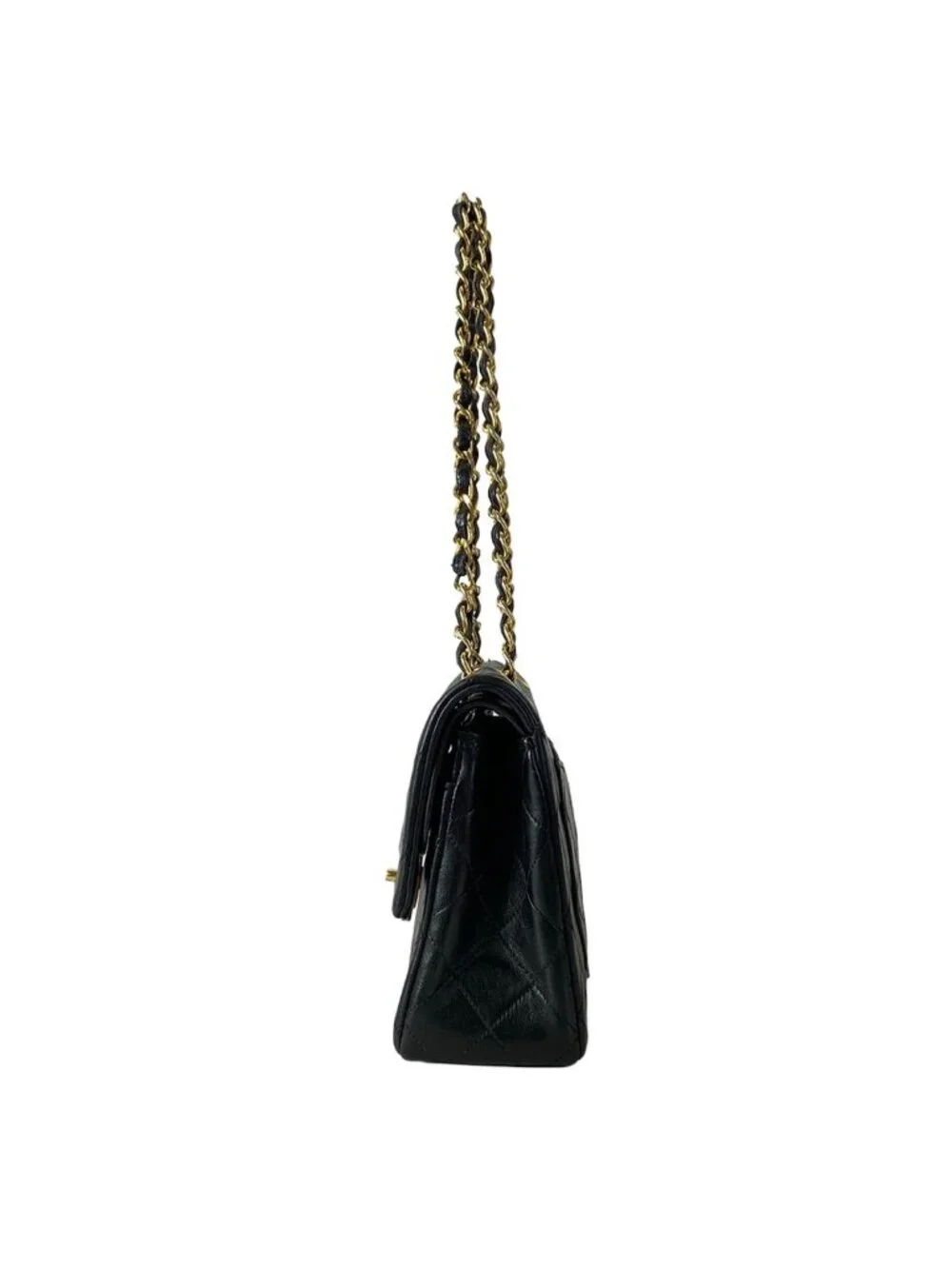 Chanel Shoulder Bag Double Flap Quilted Black Gold Chain Lambskin
